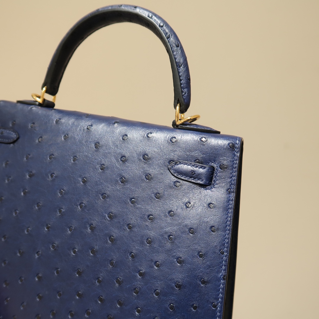 Hermes Kelly 25cm Handbag Shoulder Bag in Dark Blue Ostrich Leather